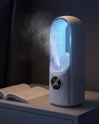 Freddova Arc glowing with ambient light on a nightstand