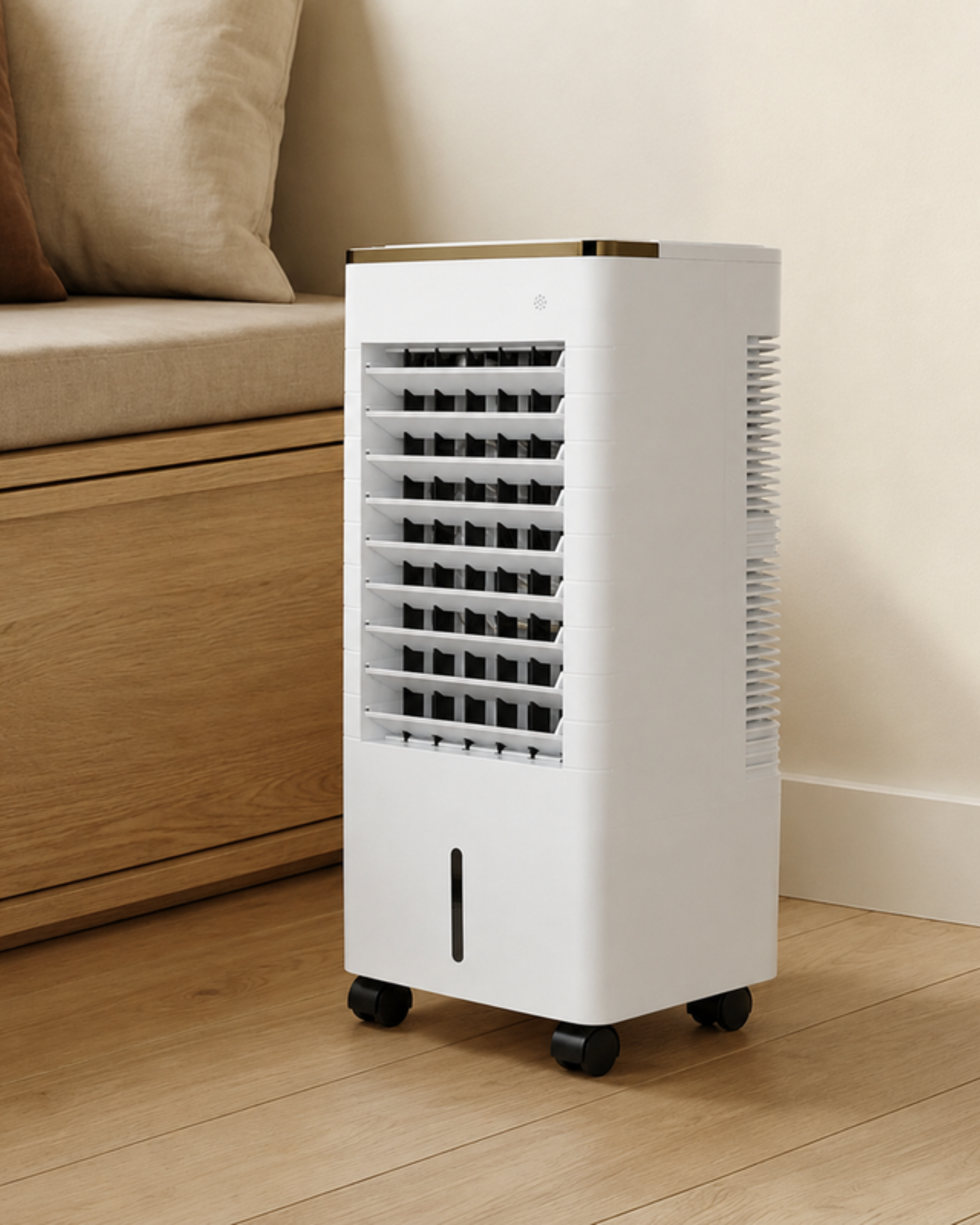 Freddova Polar cooling a bedroom beside a bench
