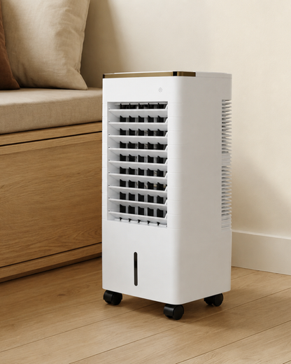 Freddova Polar cooling a bedroom beside a bench