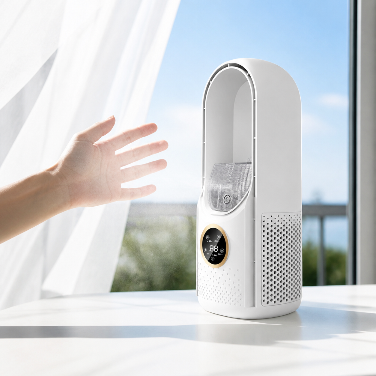 A hand feeling air from the Freddova Arc bladeless cooling fan