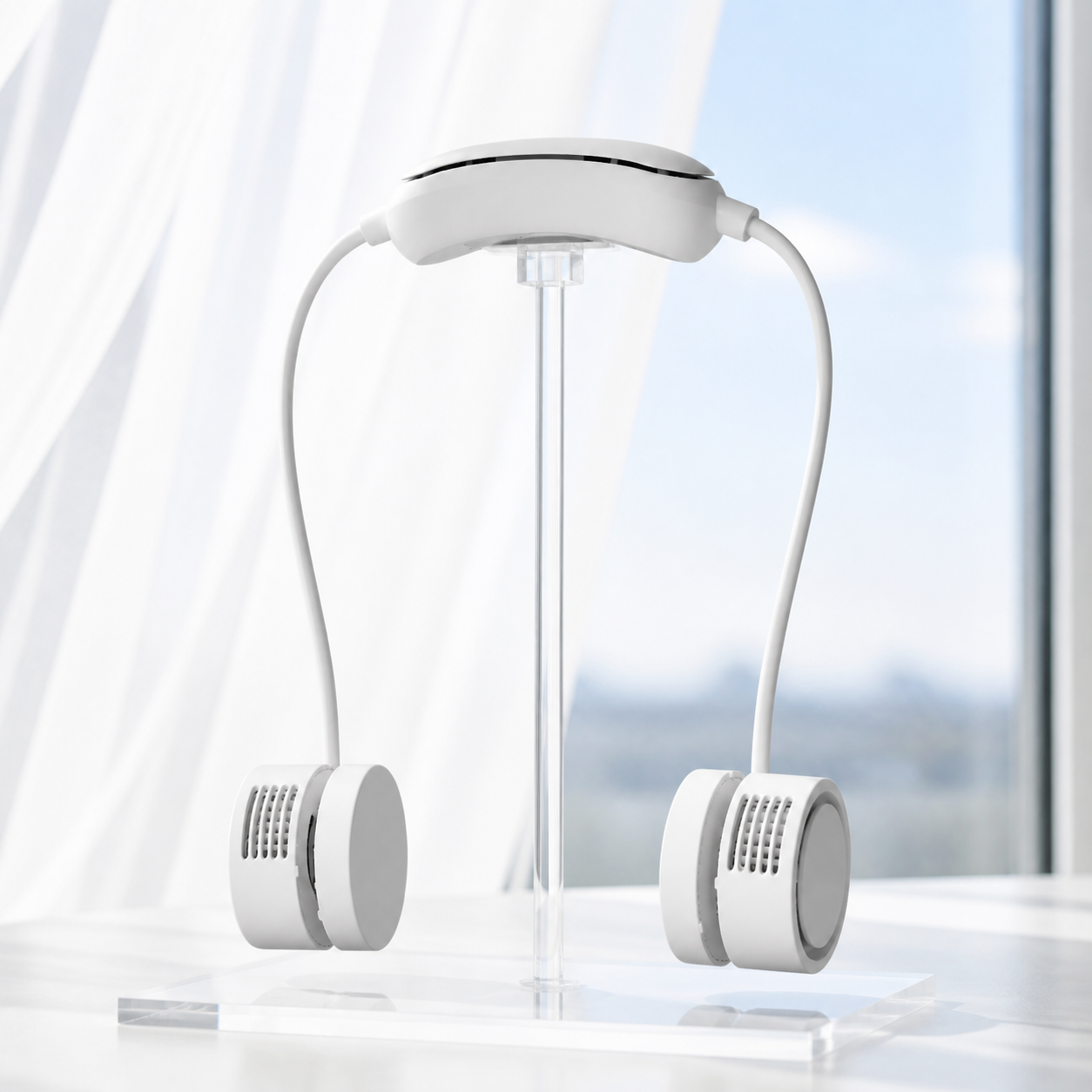 Freddova Halo neck cooling fan in bright window light