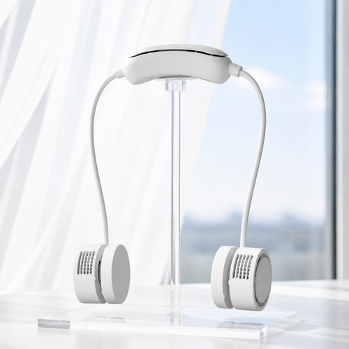 Freddova Halo neck cooling fan in bright window light