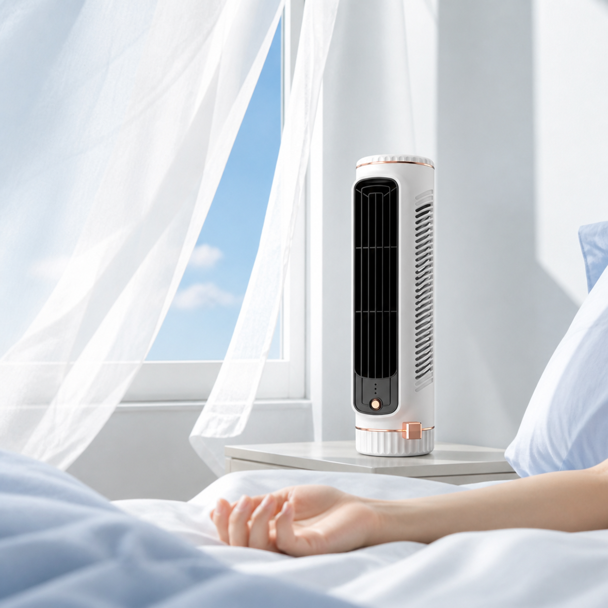 Freddova Mini A/C slim tower fan beside a bed in a bright room