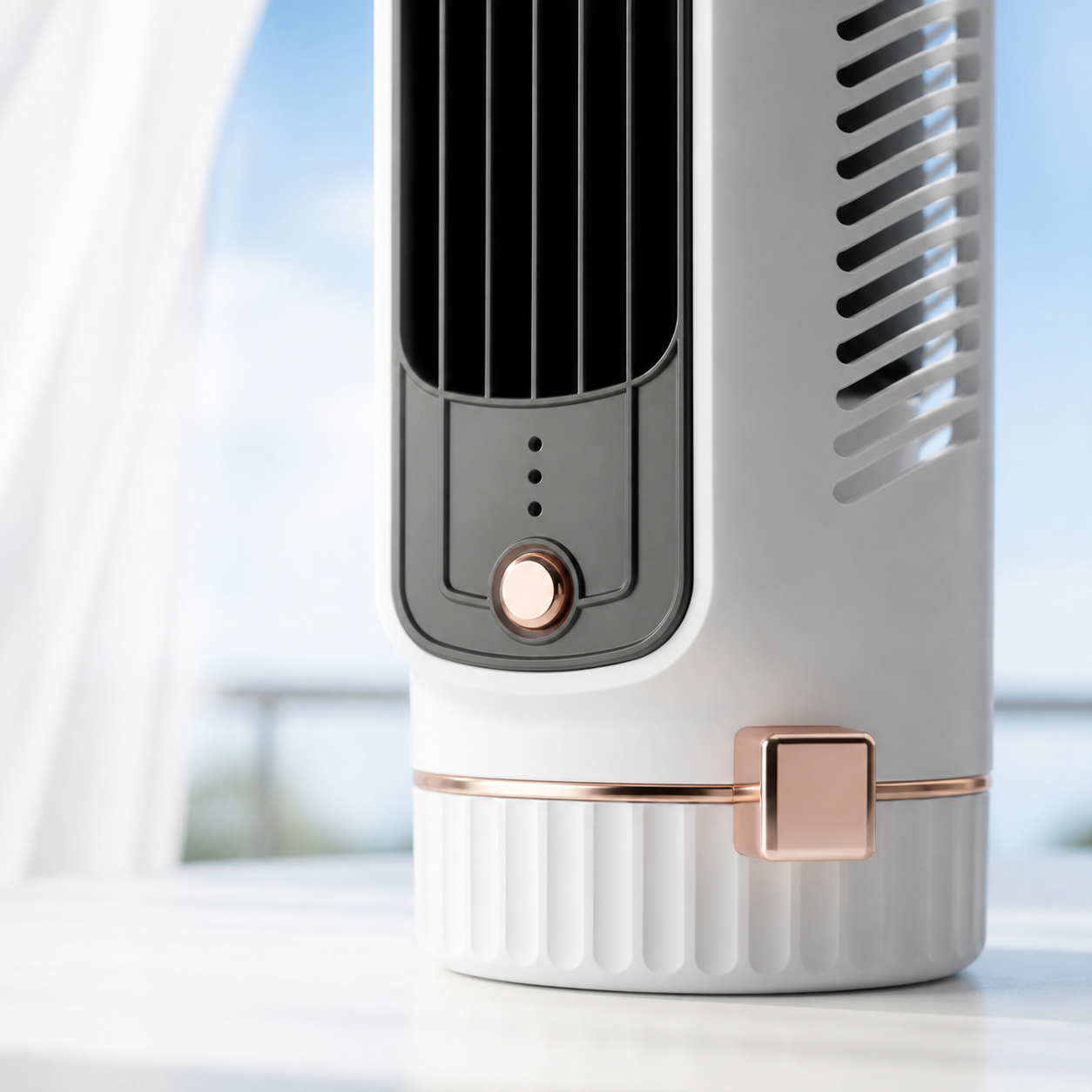 Close view of the Freddova Mini A/C outlet, controls and rose-gold trim