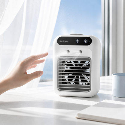 Freddova Mistral personal air cooler used on a bright desk