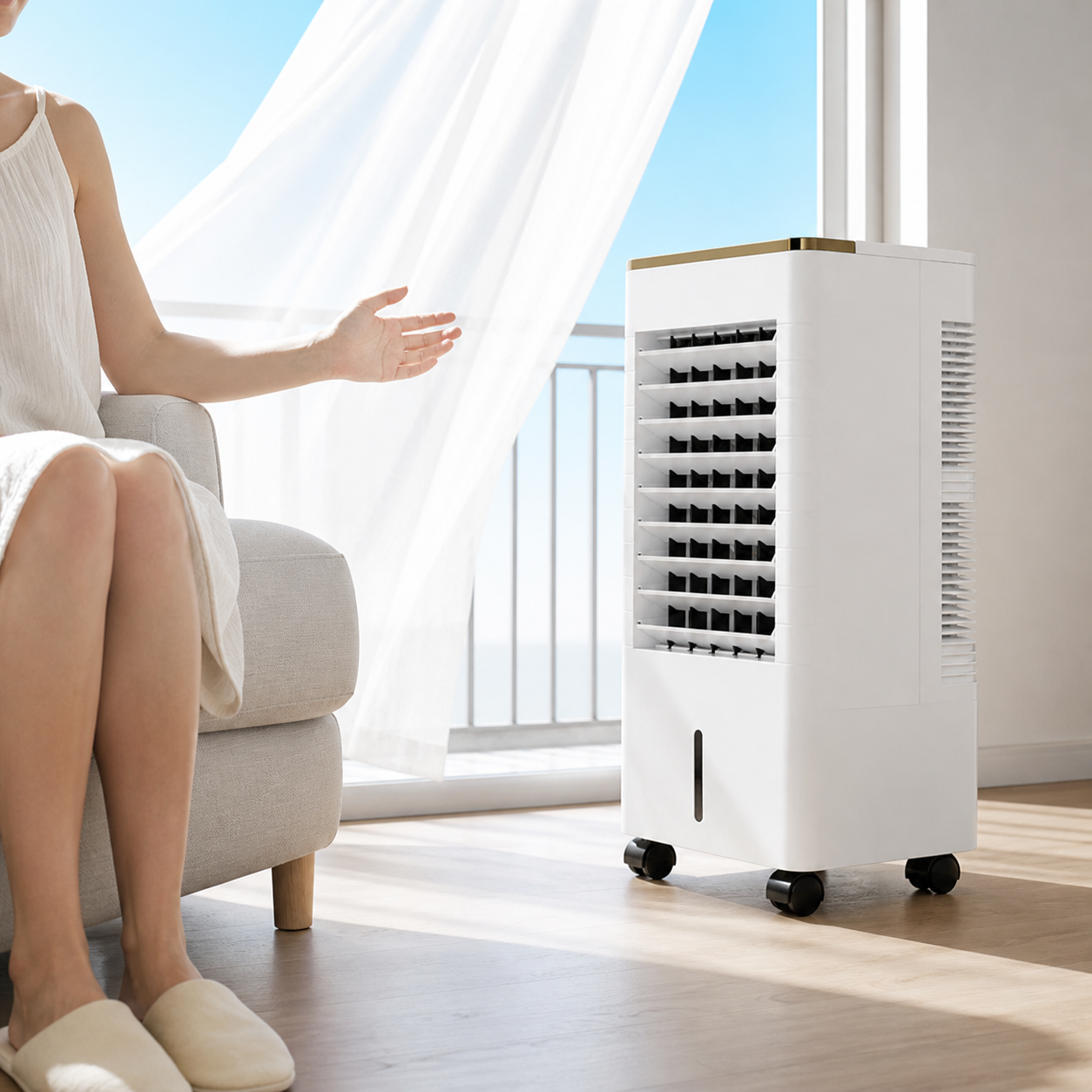 Freddova Polar floor air cooler beside a seated woman in a bright room