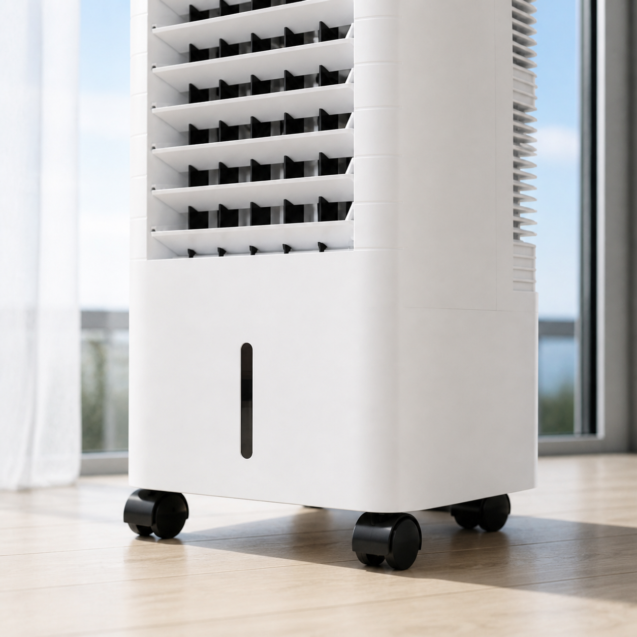 Close view of the Freddova Polar front louvers, water window and caster base